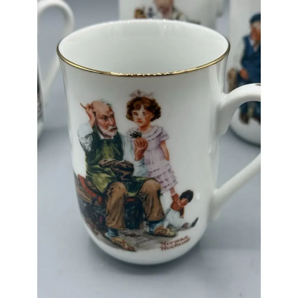 Set 5 Norman Rockwell Museum Coffee Mugs Japan Gold Rim Vintage Cups